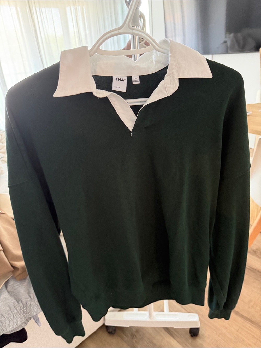 TNA woman’s Dark Green V-Neck Rugby Sweater with White Collar